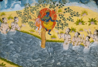 As Gopis pedem a Krishna que devolva suas roupas, Página de um Bhagavata Purana ..., ca. 1610 de Unbekannt
