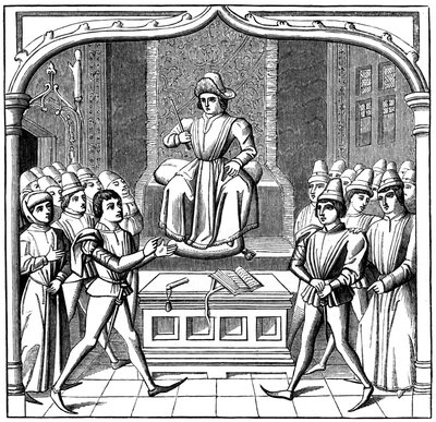 O duelo judicial, o autor que abre seu caso perante o juiz, século 1549 de Unbekannt