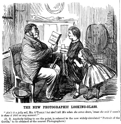 O novo espelho fotográfico, cartum de Punch, prova diária das origens do homem, 1861 de Unbekannt