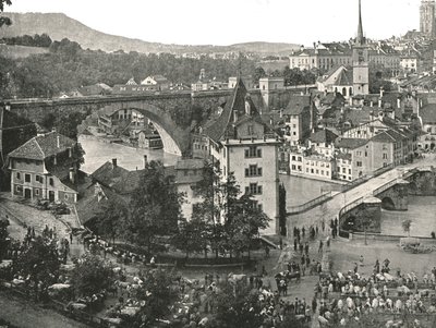 O mercado de Nydeggbrücke e gado, Berna, Suíça, 1895. de Unbekannt
