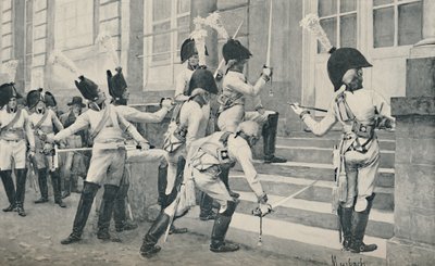 A nobre guarda prussiana afia suas espadas nos degraus da Embaixada da França em Berlim, 1896 de Unbekannt