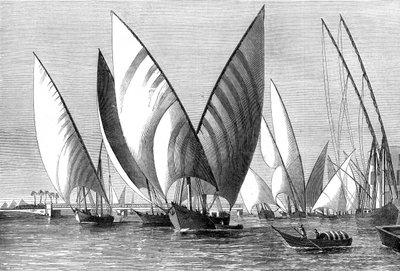 O rio na ponte Boulak, Cairo, com as dahabeahs passando, 1874 de Unbekannt