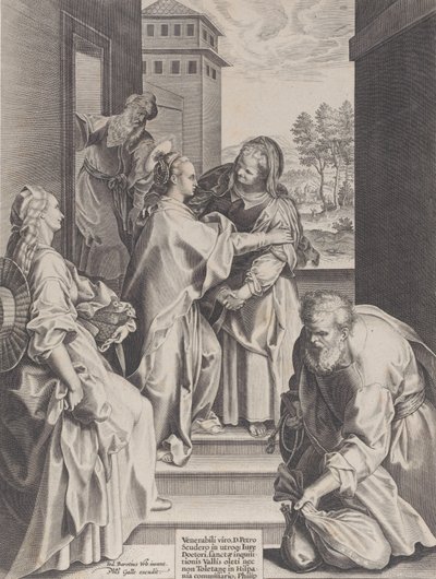 A Visitação, a Virgem e Santa Isabel abraçadas ao centro, ladeadas por outras f..., 1589. de Unbekannt