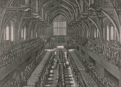 O banquete no Grande Salão do Palácio de Westminster ... coroação de James II em 1685, 1902. de Unbekannt