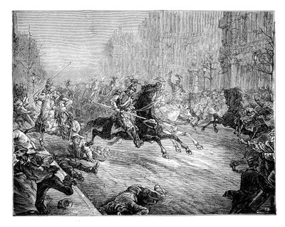 O golpe de Estado, lanceiros cobrando a multidão nas avenidas de Paris, século XIX de Unbekannt