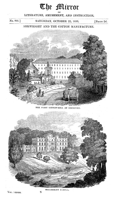 O primeiro moinho de algodão na casa de Cromford, Derbyshire e Richard Arkwrights, 1836 de Unbekannt