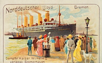 O gigante SS Kaiser Wilhelm II se afasta do cais em Bremerhaven, Alemanha, 1905. de Unbekannt