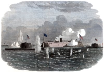 A fragata de ferro, novos ferros e duas baterias da Ericsson entrando em ação em Charleston, 18 de Unbekannt