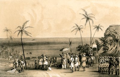 Os comerciantes de Calicut apreenderam e acorrentaram a uma rocha estéril por ordem de Tippoo Saib, 1847 de Unbekannt