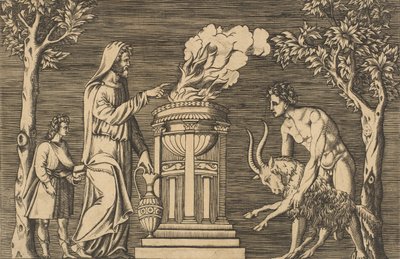 O sacrifício de um carneiro realizado por um homem nu à direita, padre encapuzado à esquerda com um ..., ca. 1515-1600. de Unbekannt