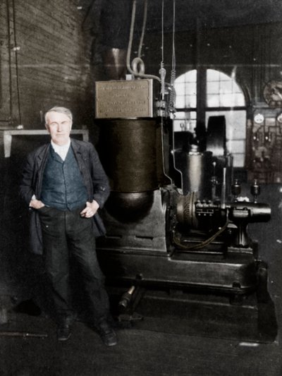 Thomas Alva Edison, inventor americano, com seu primeiro dínamo para produzir luz elétrica, década de 1880 de Unbekannt