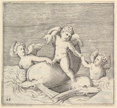 Três Cupidos e Dois Golfinhos, publicado ca. 1599-1622. de Unbekannt