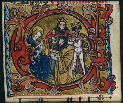 Três estacas de um missal: C inicial com a adoração dos Reis Magos, c. 1470-1500. de Unbekannt