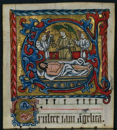 Três cortes de um missal: E inicial com os anjos do sepultamento, c. 1470-1500. de Unbekannt