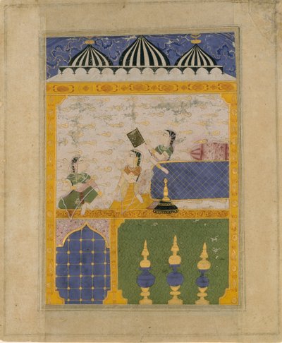 Três Damas no Interior de um Palácio: Página de uma Dispersa Laur Chanda..., 1520-30. de Unbekannt