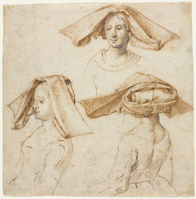 Três estudos de uma mulher usando um cocar elaborado, c. 1500. de Unbekannt