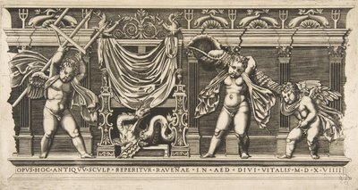 Três cupidos em frente a uma fachada com pilastras, um segurando um tridente e outro ..., ca. 1515-1600. de Unbekannt