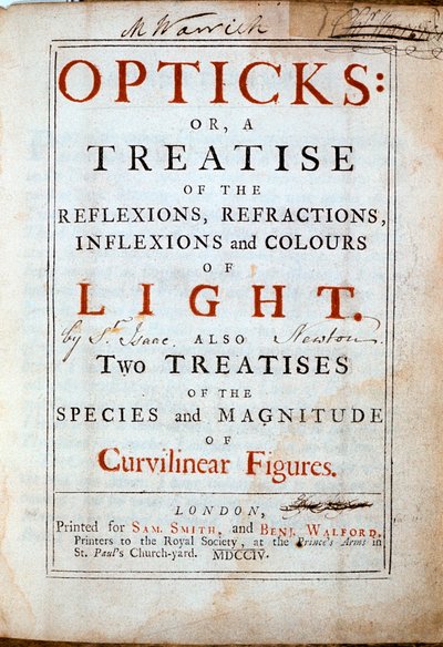 Página de rosto do Opticks, do cientista e matemático inglês Isaac Newton, 1794 de Unbekannt