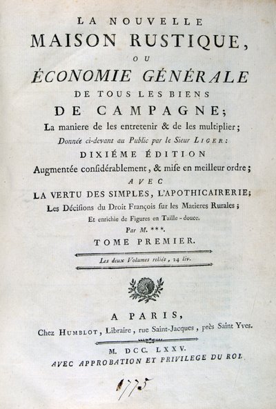 Página de rosto da Nova Casa Rústica, ou Economia Geral, 1775 de Unbekannt