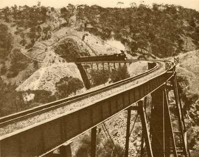 Treine a passagem sobre o viaduto, montagem Lofty Range, Sul da Austrália, 1930. de Unbekannt