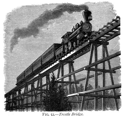 Treine a travessia de uma ponte de cavalete de madeira na Union Pacific Railroad, Wyoming, EUA, c1870 de Unbekannt