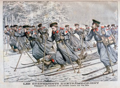 Transporte de tropas russas doentes e feridas em esquis, Guerra Russo-Japonesa, 1904 de Unbekannt
