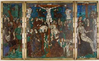 Tríptico com Caminho do Calvário, Crucificação e Descida da Cruz, francês, século XVI. de Unbekannt