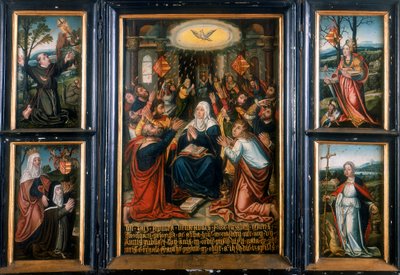 Tríptico, com o painel central mostrando o Espírito Santo no Pentecostes de Unbekannt