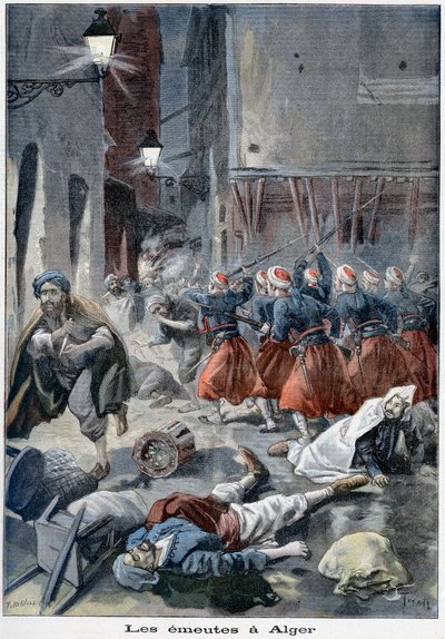 Tropas que tentam limpar ruas durante tumultos anti-judeus, Argel, Argélia, 1898 de Unbekannt