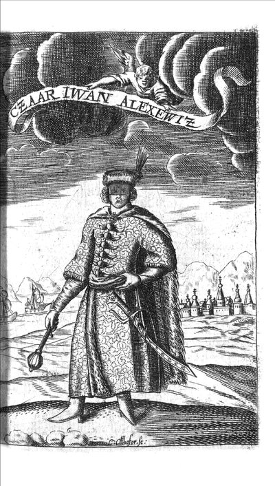 O czar Ivan V Alexeyevich de Georg Adam Schleissing Derer beyden Czaaren em Reussland Iwan e Peter Alexewiz, 1693 de Unbekannt
