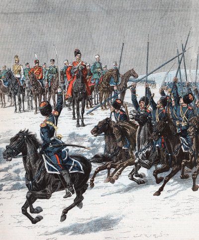 Czar Nicolau II revendo cossacos, Guerra Russo-Japonesa, 1904-5 de Unbekannt