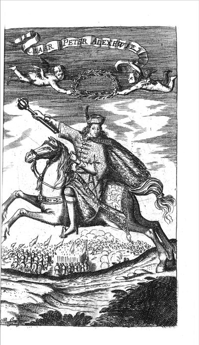 O czar Peter I Alexeyevich de Georg Adam Schleissing Derer beyden Czaaren em Reussland Iwan e Peter Alexewiz, 1693 de Unbekannt