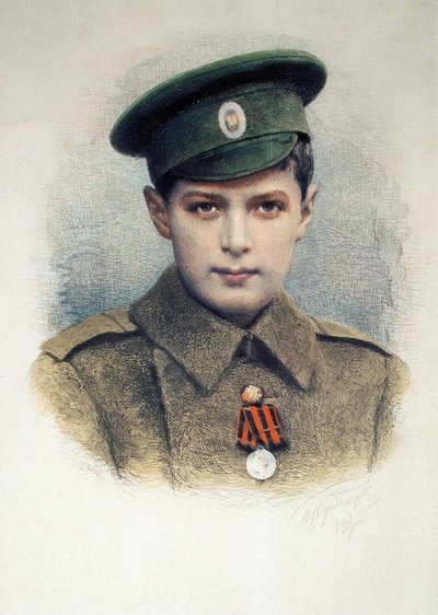 Tsarevich Alexei como um cabo-lança do exército russo, 1917 de Unbekannt