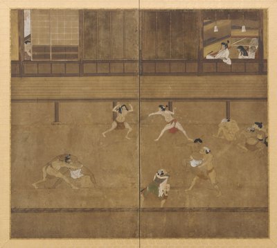 Tela de dois painéis representando lutadores, período Edo, século XVII. de Unbekannt