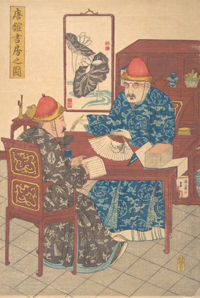Dois estudiosos chineses praticando caligrafia em seu estúdio, ca. 1840., de Unbekannt