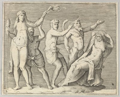 Duas Figuras, um Fauno e um Sátiro se aproximam de uma Mulher Reclinada, publicado ca. 1599-1622. de Unbekannt