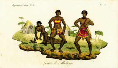 Duas mulheres Mahungo a dançar o semba à música de um tambor esculpido num tronco em Angola de Unbekannt