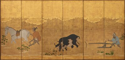 Dois agricultores arando e angustiando um campo de arroz, período Edo, 1615-1868. de Unbekannt