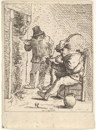 Dois camponeses segurando cachimbos diante de uma lareira, um sentado com o cachimbo preso ..., depois de 1625-90. de Unbekannt
