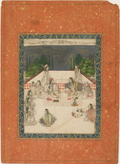 Duas mulheres sentadas em um terraço, cercadas por atendentes e músicos, ca. 1650. de Unbekannt