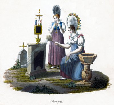 Duas mulheres em pé diante de uma lápide em um cemitério, c1800 de Unbekannt