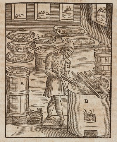 Um homem testa salitre, usado em pólvora e conservação de carne - Gravura de Lazarus Ecker Descrição de Minerais e Principais Métodos de Mineração de Unbekannt
