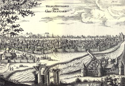 Ilustração de Velikiy Novgorod de Travels to the Great Duke of Muscovy and the King of Persia por Adam Olearius, 1656 de Unbekannt