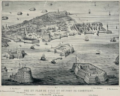 Vista e plano da ilha e do porto de Kronstadt, c. 1850 de Unbekannt