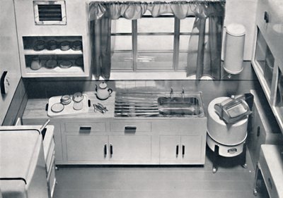 Vista de uma cozinha, projetada por HMV Household Appliances, 1938 de Unbekannt