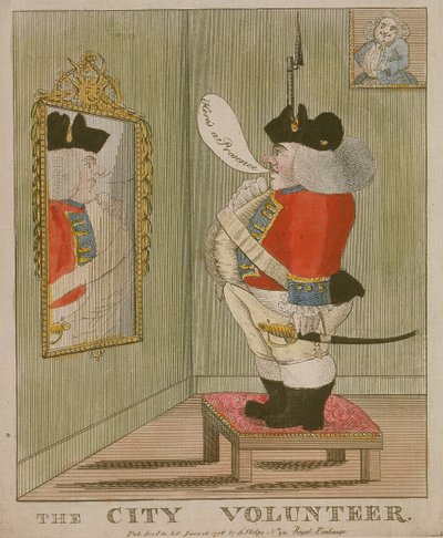 Vista de um voluntário corpulento da cidade se admirando no espelho, 1785 de Unbekannt