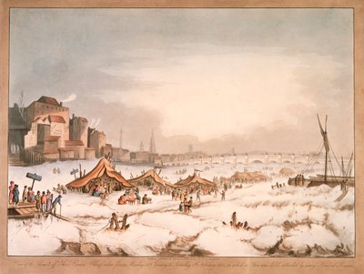 Vista do rio Tâmisa congelado em Three Cranes Wharf, Londres, 1814 de Unbekannt