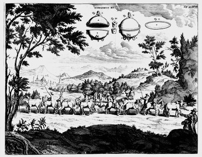 Demonstração de Von Guerickes da força da pressão do ar, 1672 de Unbekannt