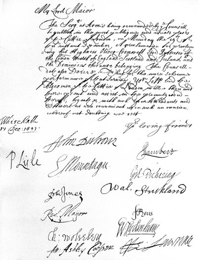 Mandado do Conselho de Estado para o Lord Mayor de Londres, desejando que ele e os Vereadores participem da proclamação de Oliver Cromwell como Lord Protector da Commonwealth de Inglaterra, Escócia, Irlanda e Domínios em 19 de Dezembro de Unbekannt