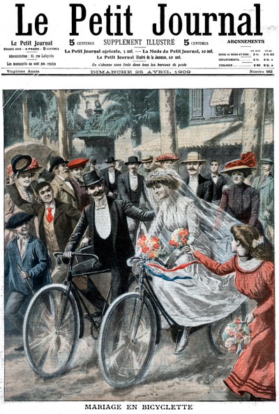 Festa de casamento em bicicletas liderada pela noiva e pelo noivo, Nice, França, 1909 de Unbekannt